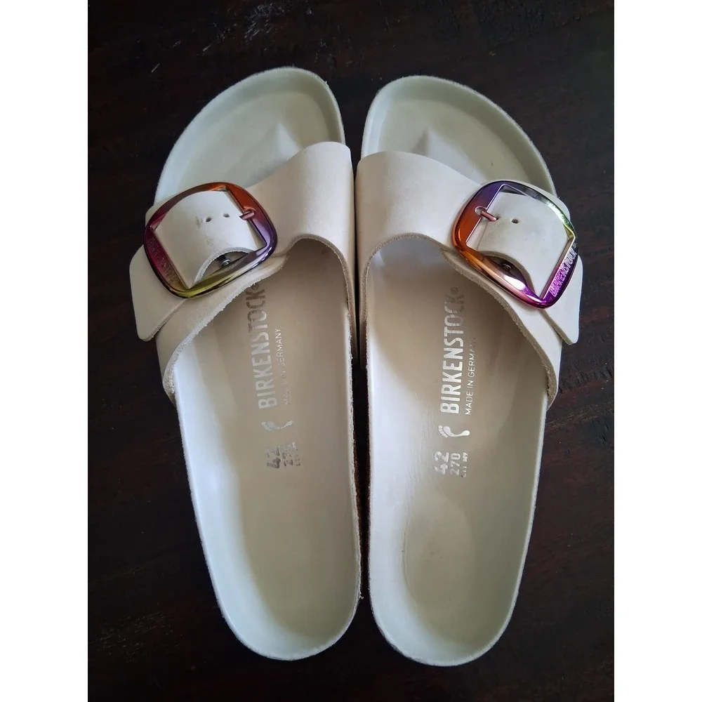 Birkenstock Madrid Big Buckle Sandals 42 Cream Leather Iridescent Rainbow buckle - Picture 1 of 8